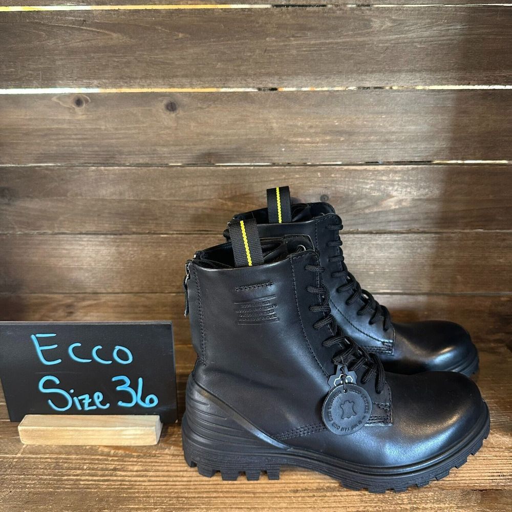 New Womens Ecco Tredtray Highcut Black Leather Ankle Boots Size 36‎ US 5-5.5 M
